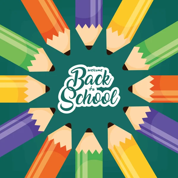 Powrót do plakatu szkolnego z kolorami ołówków — Wektor stockowy