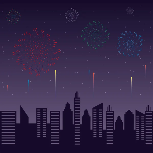 Фейерверки взрываются с городским плащом на фоне ночного неба — стоковый вектор