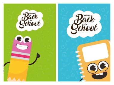 Kalem ve defter kawaii karakterli okul posterine