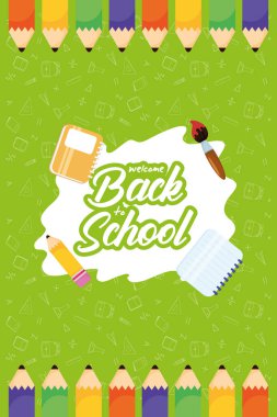 Renkli kalemler ve malzemelerle okul posterine geri dön.