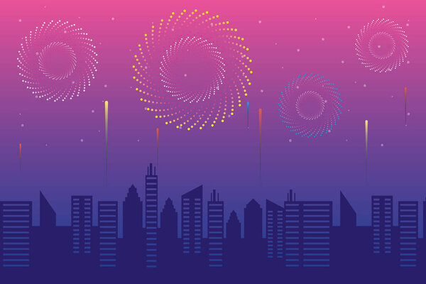 Fireworks burst explosions with citycape in pink sky background