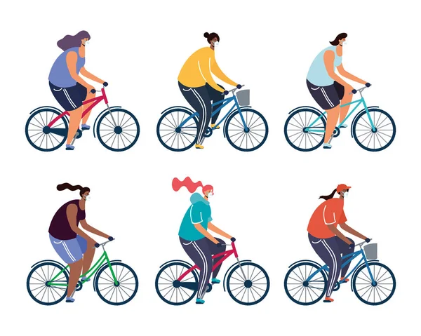 Jóvenes en bicicleta con máscaras médicas — Vector de stock