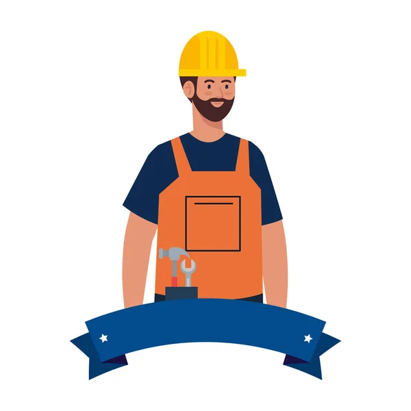 Constructor hombre con casco con diseño de vectores de cinta — Vector de stock