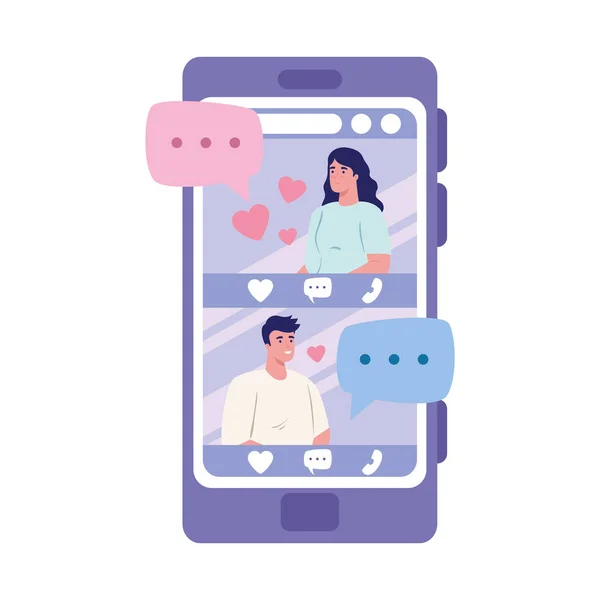 Жінка і чоловік в смартфоні з бульбашками балачок Векторний дизайн — стоковий вектор