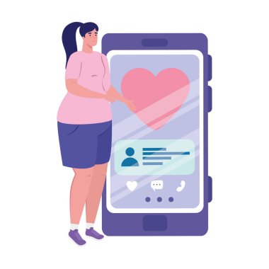 Kalp ve sohbet eden balon vektör tasarımlı kadın ve akıllı telefon.
