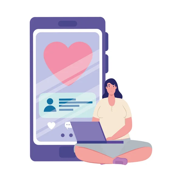 Vrouw met laptop en smartphone met hart en chatting bubble vector ontwerp — Stockvector