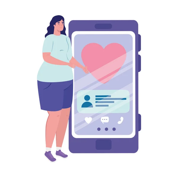 Vrouw en smartphone met hart en chatting bubble vector ontwerp — Stockvector