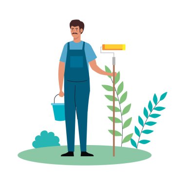 Park vektör tasarımında rulo ve kova ile boyacı işçi