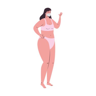 Bikini ve tıbbi maske tasarımı olan kız çizgi filmi