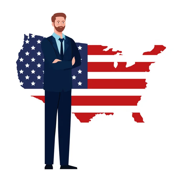 Homem de negócios com EUA bandeira mapa vetor design — Vetor de Stock
