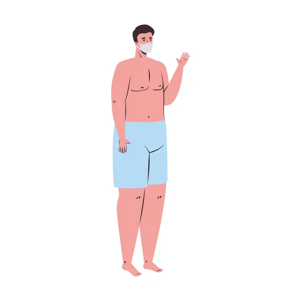 Homme dessin animé avec maillot de bain et masque médical sur la conception vectorielle de serviette — Image vectorielle