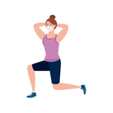 Spor kıyafetleri ve maskeli kadın spor vektörü tasarımı yapıyor.