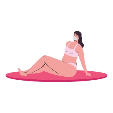 Havlu vektör tasarımında bikini ve tıbbi maskeli kız çizgi filmi