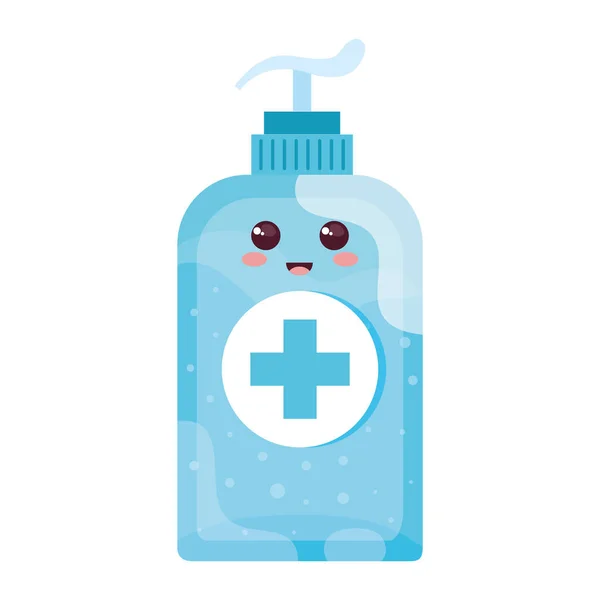 Aranyos palack fertőtlenítés, üveg higiénia, fertőtlenítés, orvosi és egészségügyi ellátás, kawaii stílus — Stock Vector