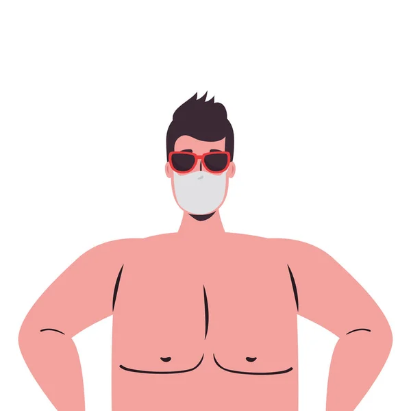 Homme dessin animé avec masque médical et lunettes design vectoriel — Image vectorielle