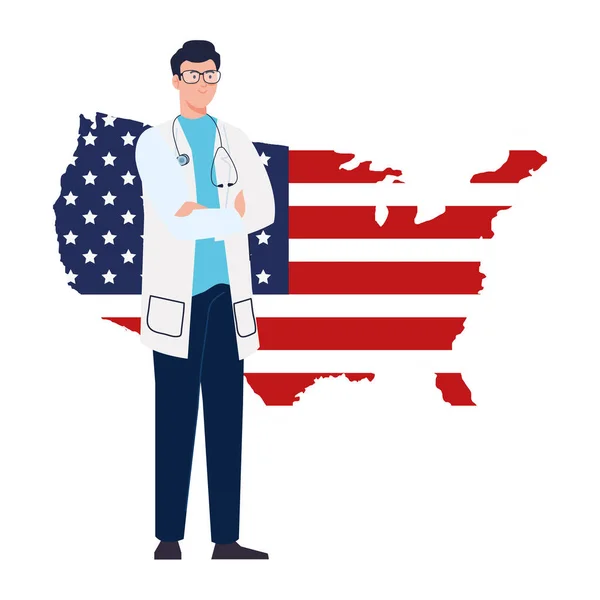 Arts man met stethoscoop en USA vlag kaart vector ontwerp — Stockvector