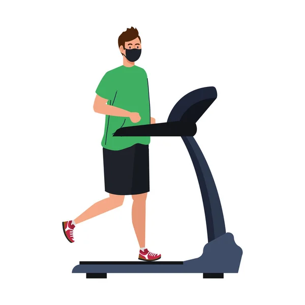 Man with mask and sportswear running at treadmill vector design — Stock Vector