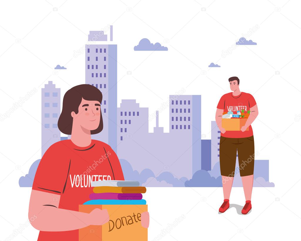 volunteers woman and man with donate boxes vector design