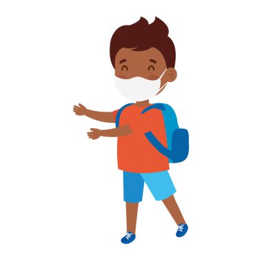 Coronavirus covid 19 'un okul çantasıyla dolaşmasını önlemek için tıbbi maske takan yakışıklı afro öğrenci.