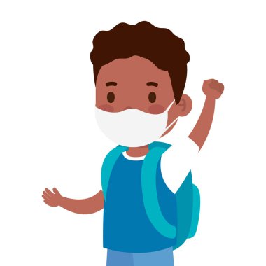 Coronavirus covid 19 'un okul çantasıyla dolaşmasını önlemek için tıbbi maske takan yakışıklı afro öğrenci.