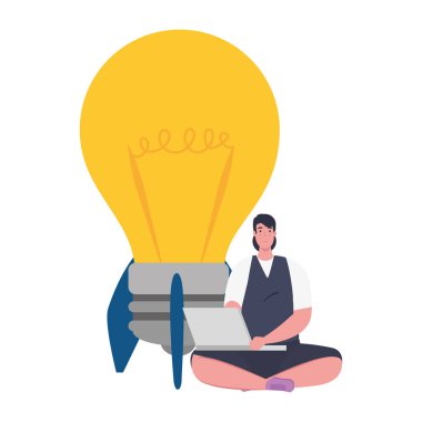 Roket ampulü ve dizüstü bilgisayar vektör tasarımlı kadın avatarı
