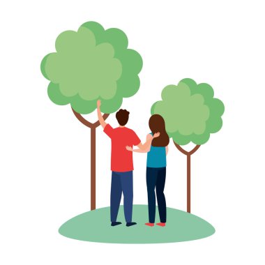 Kadın ve erkek avatarı ağaçların vektör tasarımı ile parkta geriye doğru
