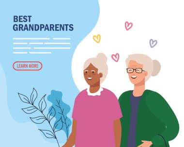 Büyükanne ve büyükbaba vektör tasarımında kalpleri olan büyükanneler.