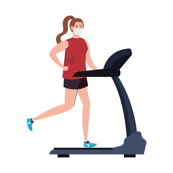 Woman with mask and sportswear running at treadmill vector design — Stock Vector