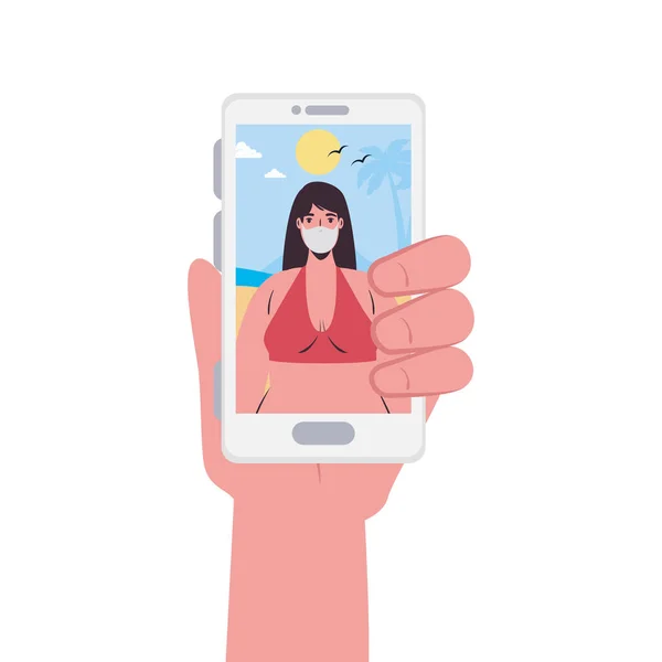 Hand in Hand Smartphone und Mädchen mit Maske am Strand im Videochat-Vektor-Design — Stockvektor