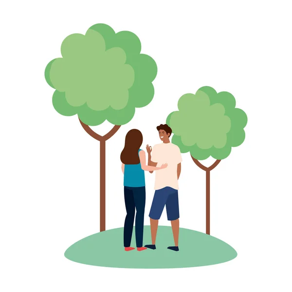 Mulher e homem avatar para trás no parque com árvores design vetorial — Vetor de Stock