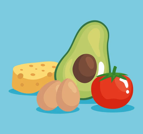 Diseño de huevos de queso de aguacate y vector de tomate — Vector de stock