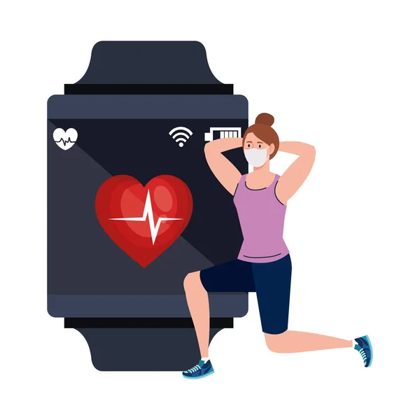 Mujer con máscara de ropa deportiva y diseño de vectores smartwatch — Vector de stock