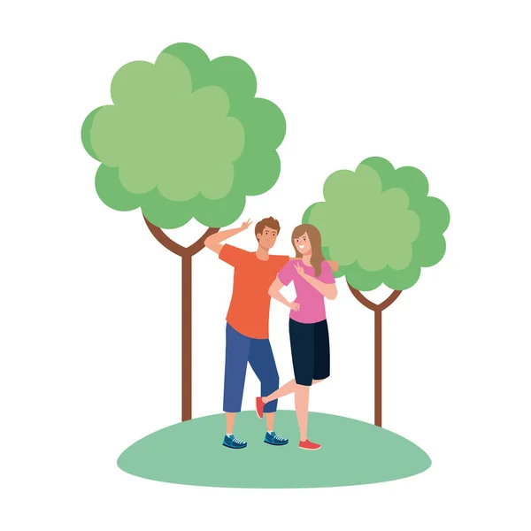 Žena a muž avatar v parku s stromy vektor design — Stockový vektor