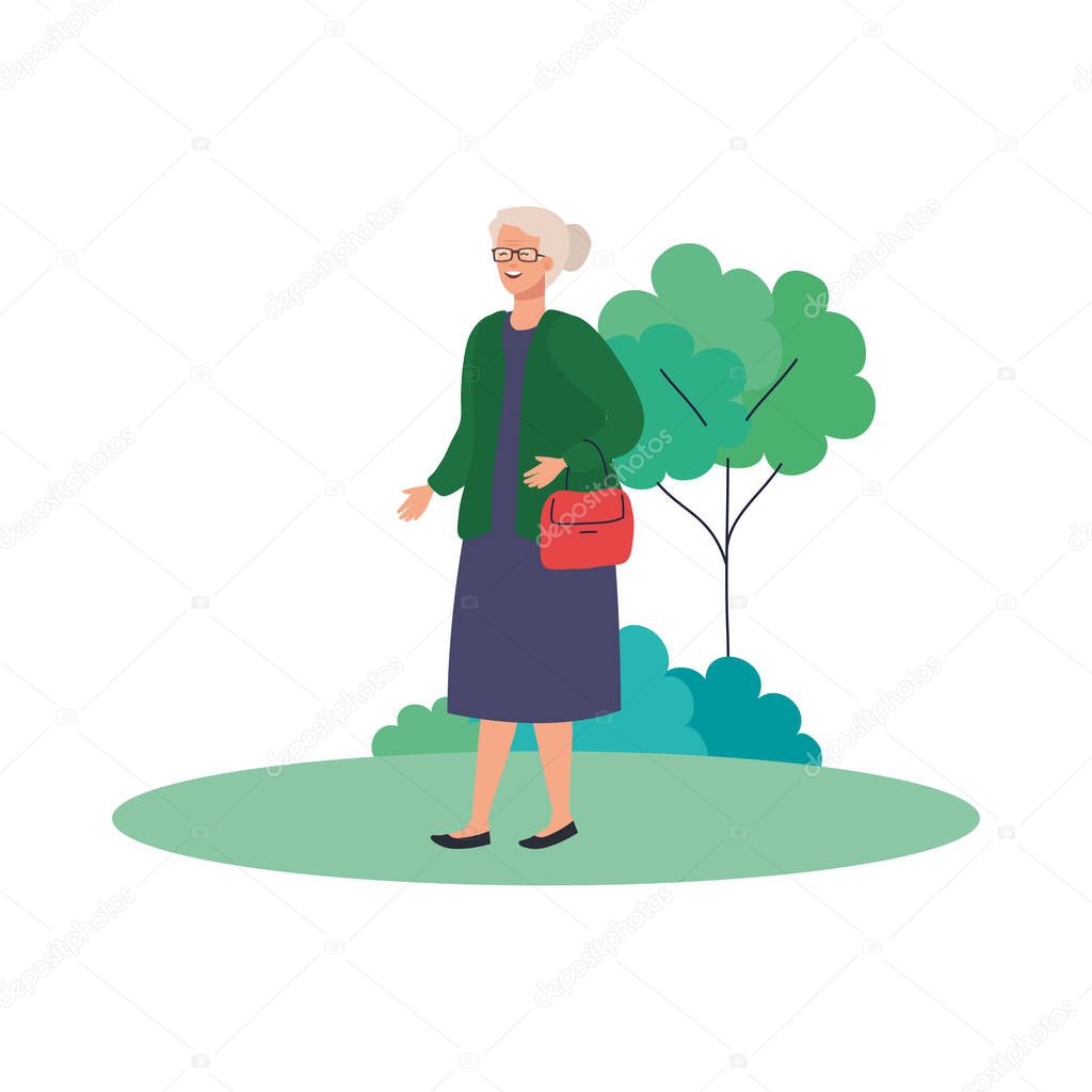 Grandmother avatar at park with tree vector design