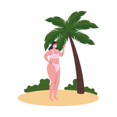 Plaj vektör tasarımında bikini ve tıbbi maskeli kız çizgi filmi