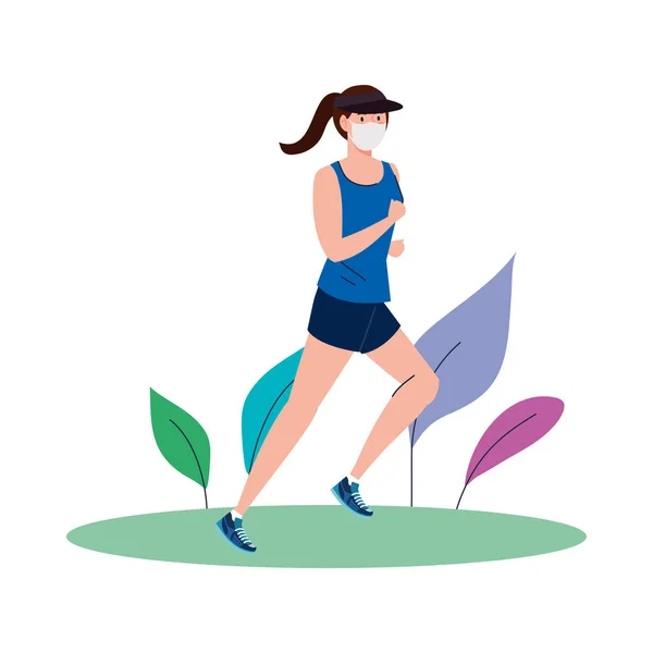 Mujer con máscara y ropa deportiva corriendo en el diseño del vector del parque — Vector de stock