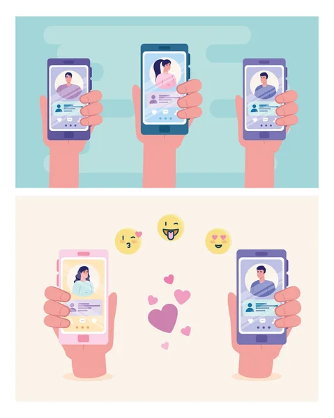 Hands holding smartphones with women and men chatting vector design — Stock Vector