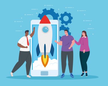 Akıllı telefon vektör tasarımında roketi başlatan işadamları
