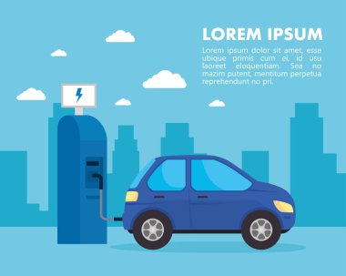 Eko elektrik istasyonu ve mavi araba şehir vektör tasarımında