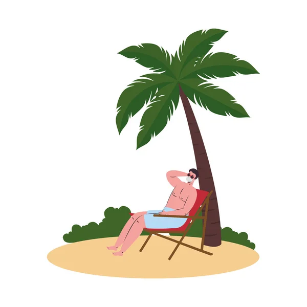 Hombre de dibujos animados con traje de baño y máscara médica en el diseño de vectores de playa — Vector de stock