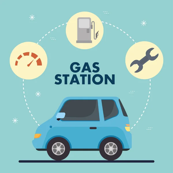 Gas station and blue car with icon set vector design — Stock Vector