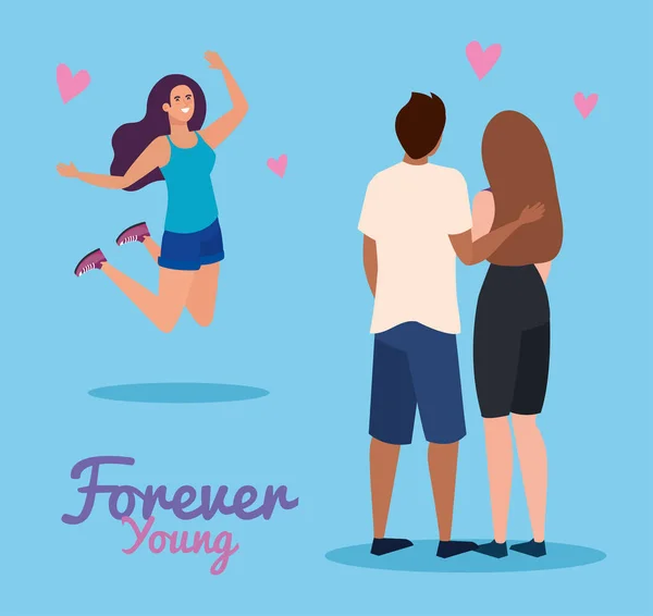 Mujer hombre pareja y chica dibujos animados saltar de diseño vectorial joven para siempre — Vector de stock