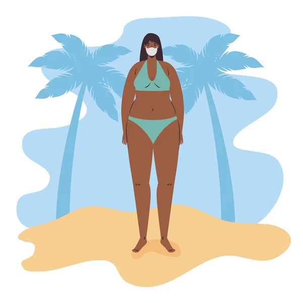 Desenhos animados menina com biquíni e máscara médica no projeto vetor praia — Vetor de Stock