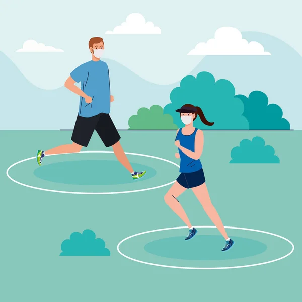 Társadalmi távolság férfi és nő között álarcos futás a park vektoros kialakításnál — Stock Vector