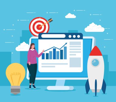 Ampul roketi ve bilgisayar vektör tasarımlı kadın