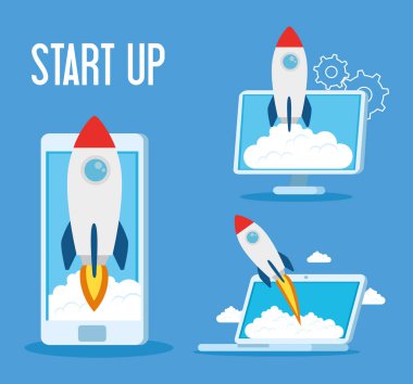 akıllı telefon dizüstü bilgisayarı ve bilgisayar vektör tasarımında roketleri çalıştır