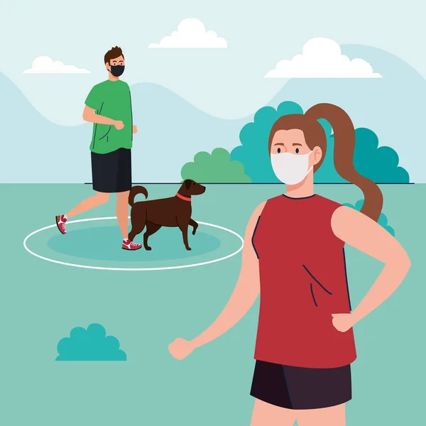 Společenská vzdálenost mezi mužem a ženou s maskami běžící se psem v parku vektorové konstrukce — Stockový vektor