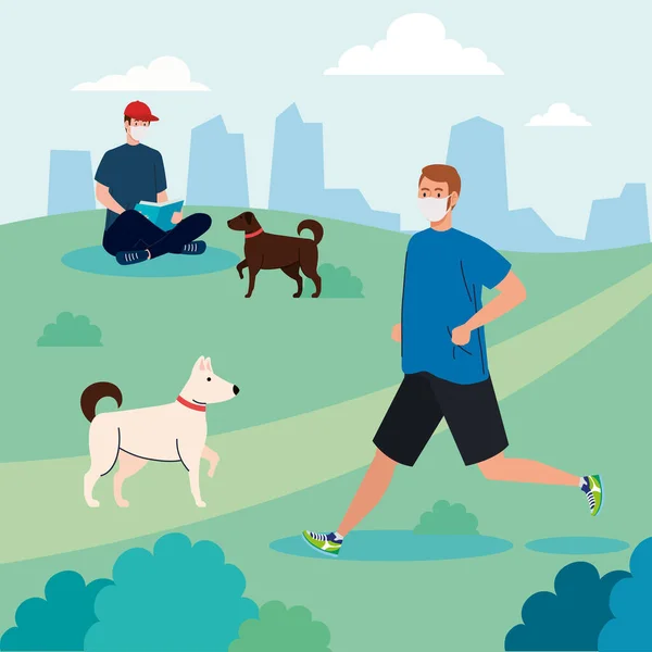 戴面具的男人与在公园矢量设计中跑步和看书的狗之间的社交距离 — 图库矢量图片