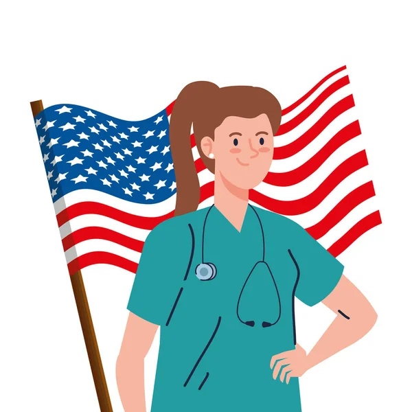 Médecin femme avec stéthoscope et Etats-Unis drapeau vecteur design — Image vectorielle