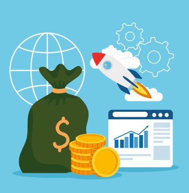 roket para çantası paralarını ve web sitesi vektör tasarımını başlat